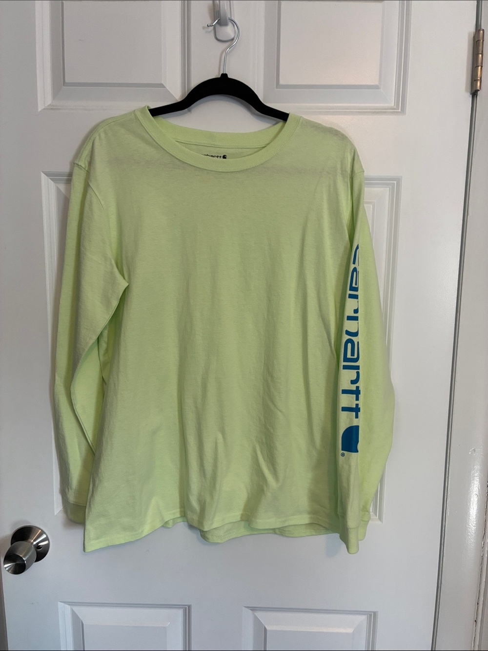 Carhartt Woman’s Long Sleeve Tee in Pale Lime with Blue Sleeve Logo